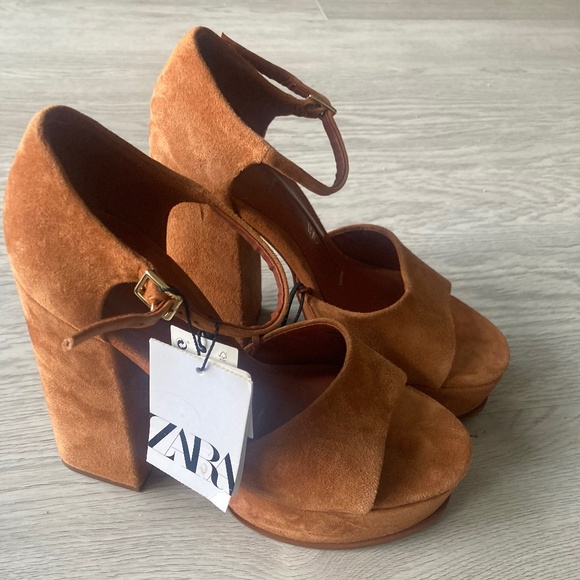 Zara Chunky Brown Suede Platform Sandals new with tags and bag - Picture 2 of 7